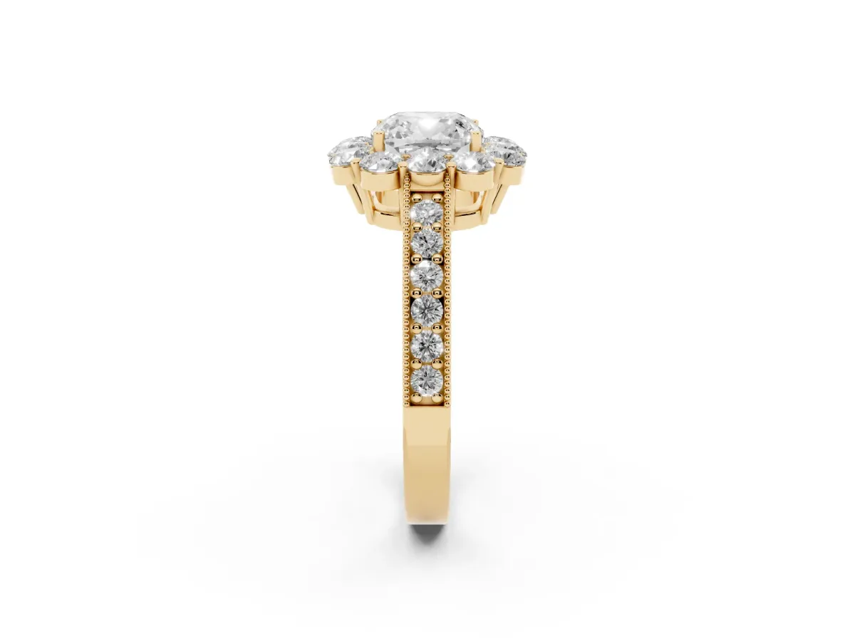 Cushion Cut Cut Halo Diamond Pavé Engagement Ring with Milgrain Detailing Yellow gold
