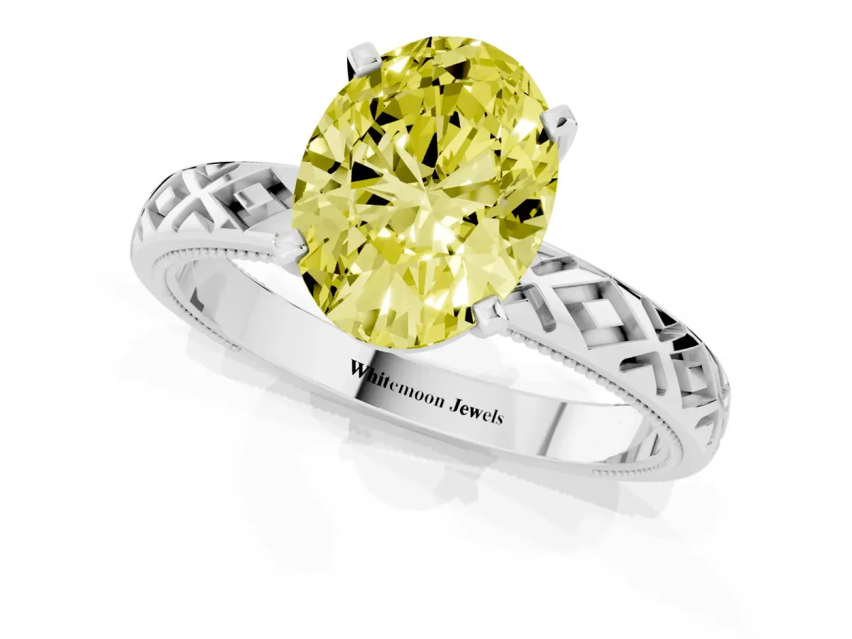 Fancy Yellow Oval Cut Solitaire Diamond Ring with Milgrain and Black Enamel X Pattern Band Silver