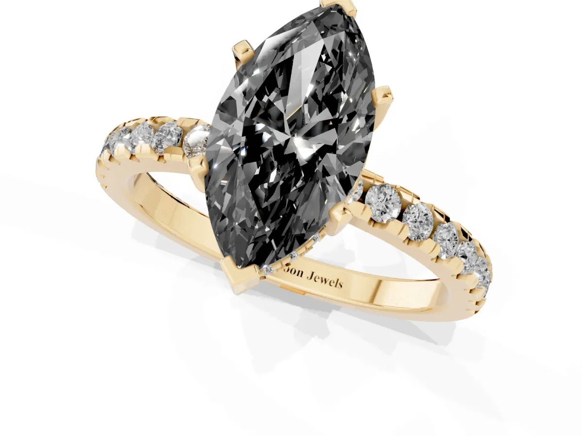 Fancy Black Marquise Cut Diamond Solitaire Ring with Round Pavé Band and Four-Prong Setting Yellow gold