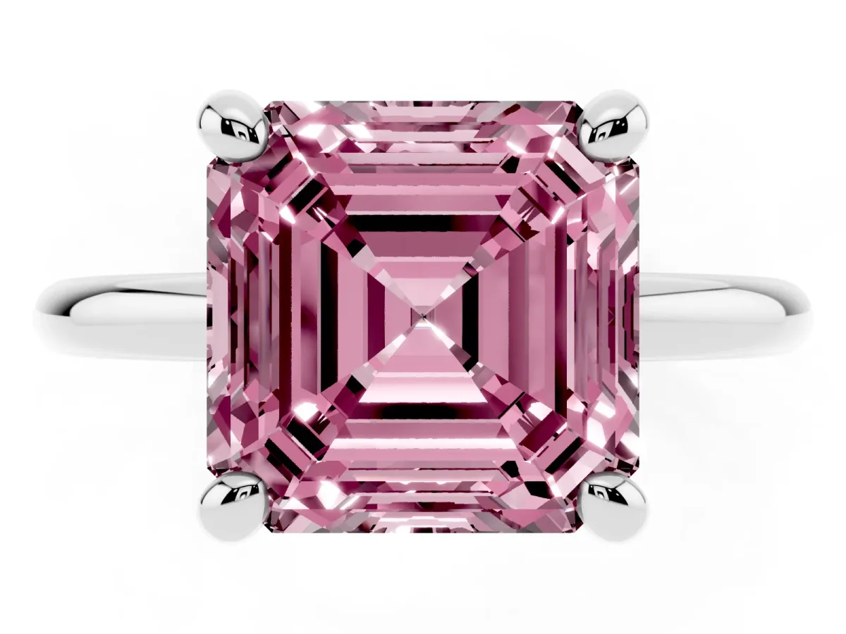 Fancy Pink Asscher Cut Solitaire Diamond Ring with Four-Prong Setting on a Plain Band Silver