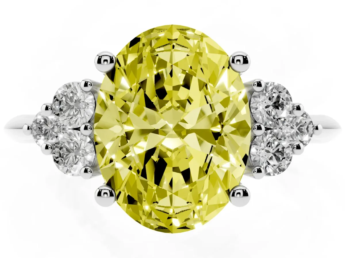 Fancy Yellow Oval Cut Cut Diamond Cluster Ring with Solitaire Band and Four-Prong Setting Silver