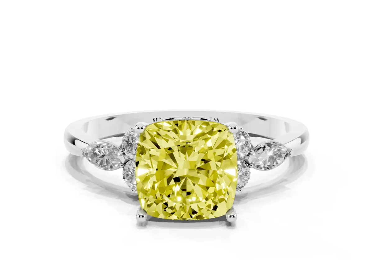 Fancy Yellow Cushion Cut Brilliant Diamond Solitaire Ring with Pear Side Stones and Four-Prong Setting Platinum