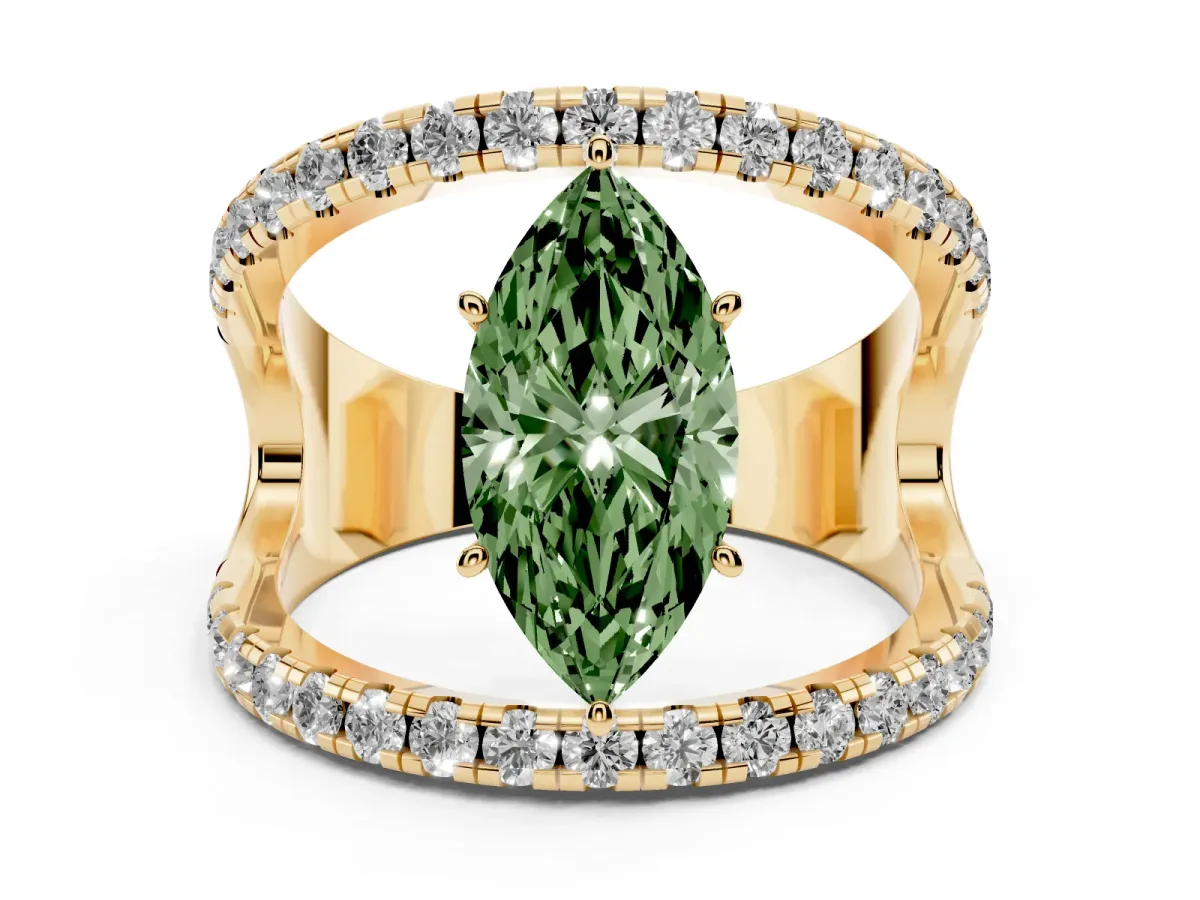 Fancy Green Marquise Cut Solitaire Split Shank Pave Diamond Ring Yellow gold