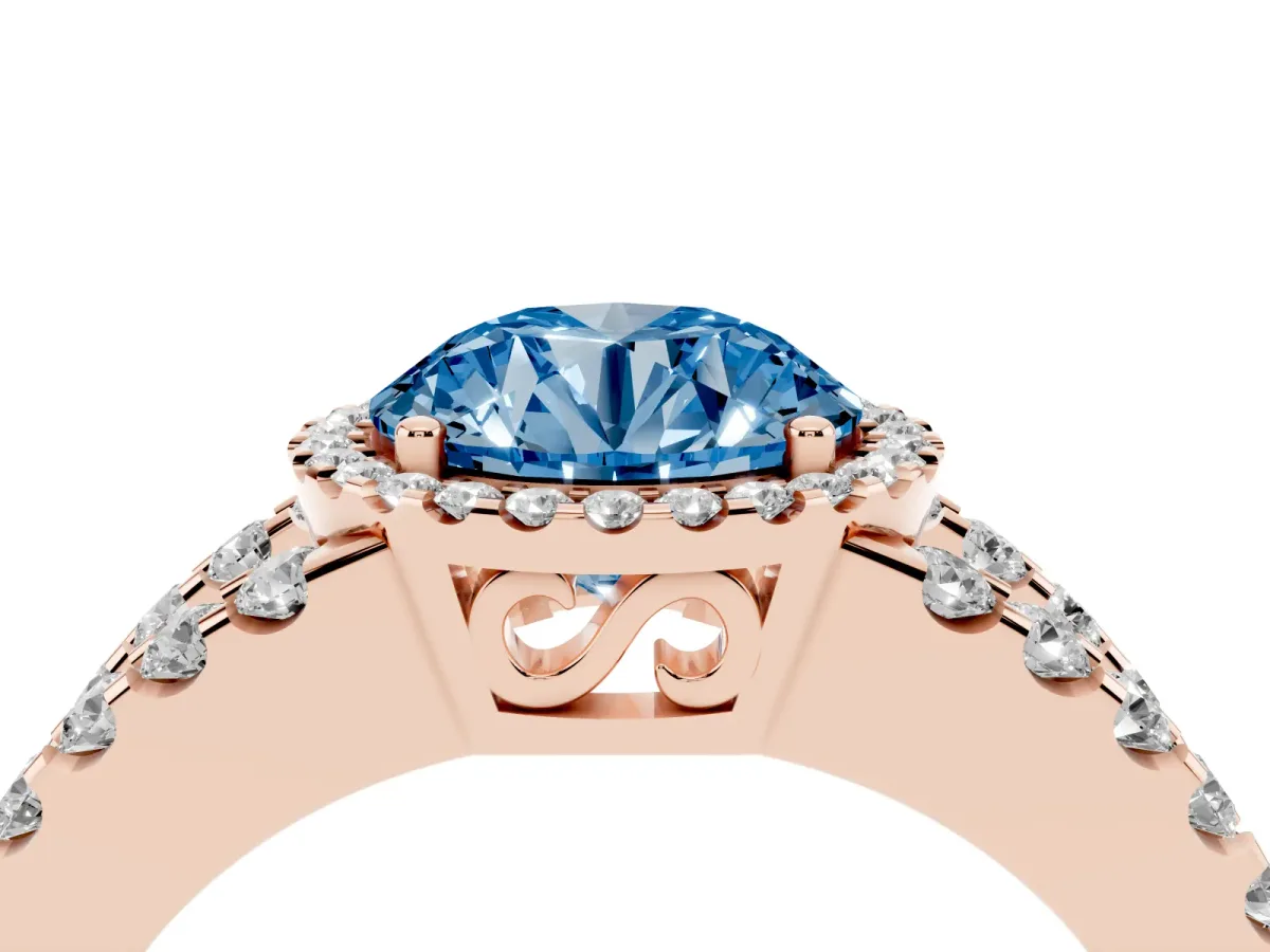 Fancy Blue Round Cut Cut Halo Split Shank Diamond Ring with Four-Prong Setting Rose gold