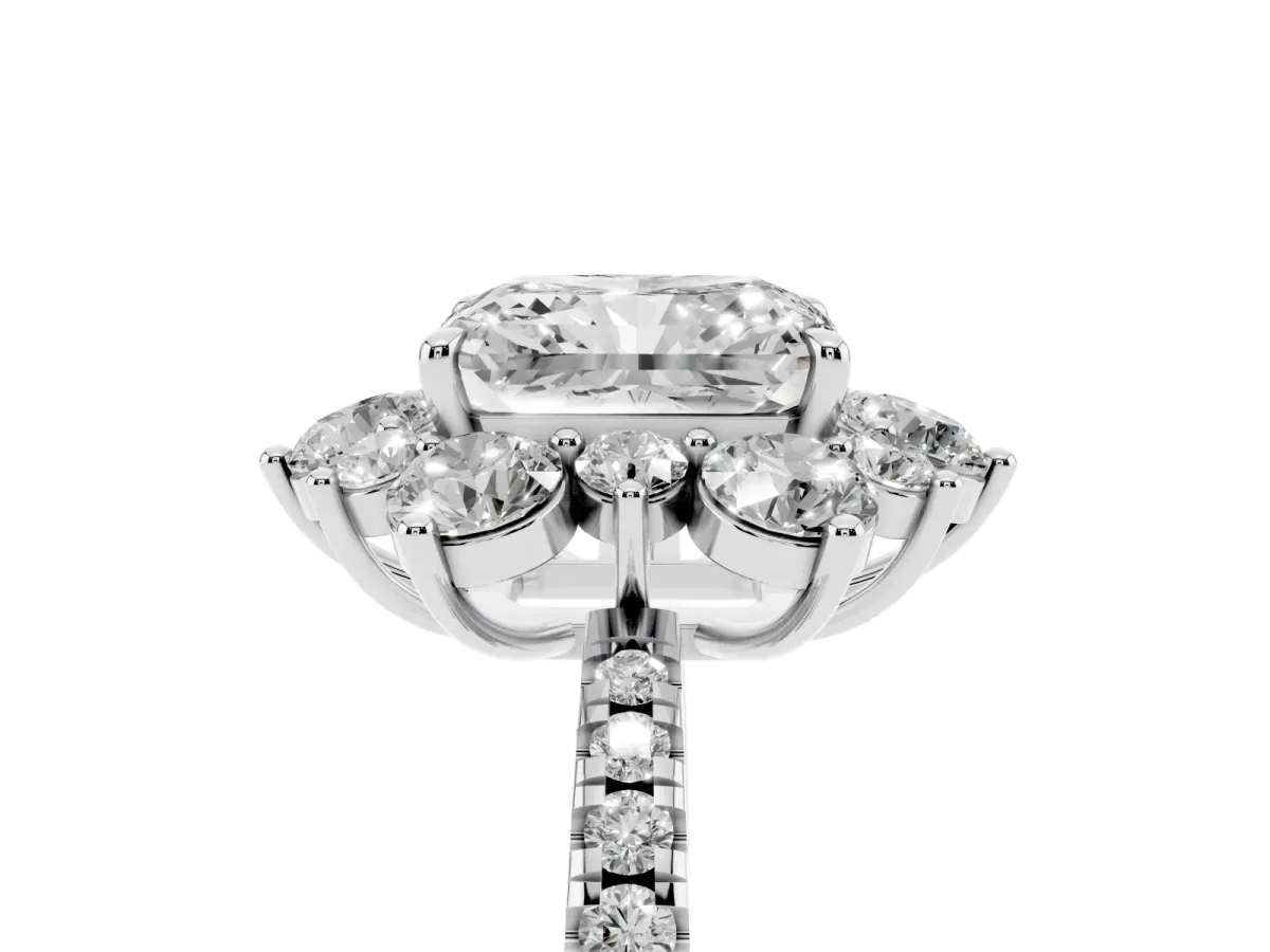 Radiant Cut Diamond Floral Halo Ring with Round Pavé Band and Prong Setting White gold