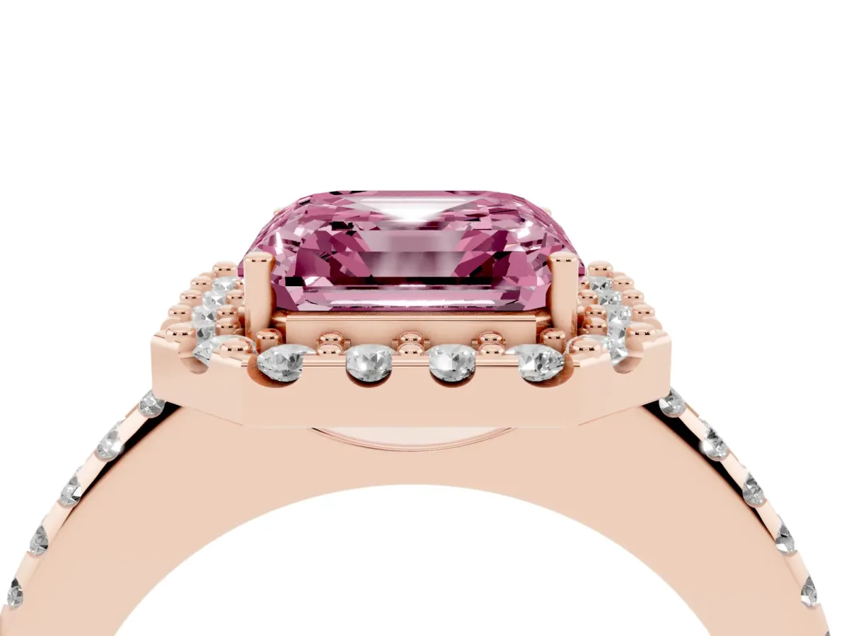 Fancy Pink Asscher Cut Diamond Pavé Halo Ring with Four-Prong Setting Rose gold