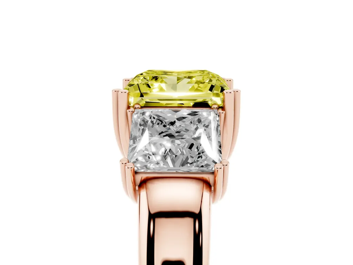 Fancy Yellow Three-Stone Princess Cut Cut Diamond Ring with Channel Set Band and Four-Prong Setting Rose gold