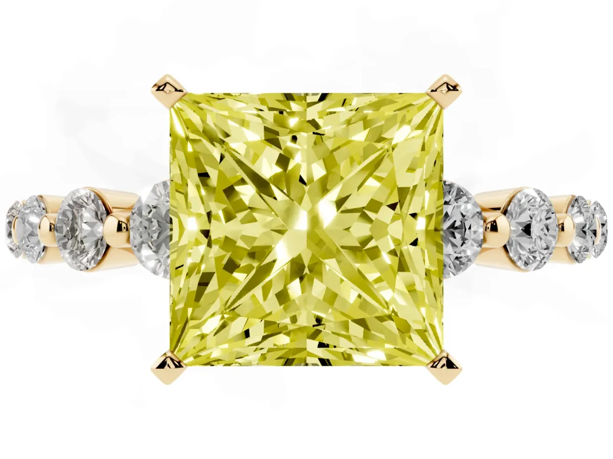 Fancy Yellow Princess Cut Solitaire Diamond Ring with Pave Band and Four-Prong Setting Yellow gold