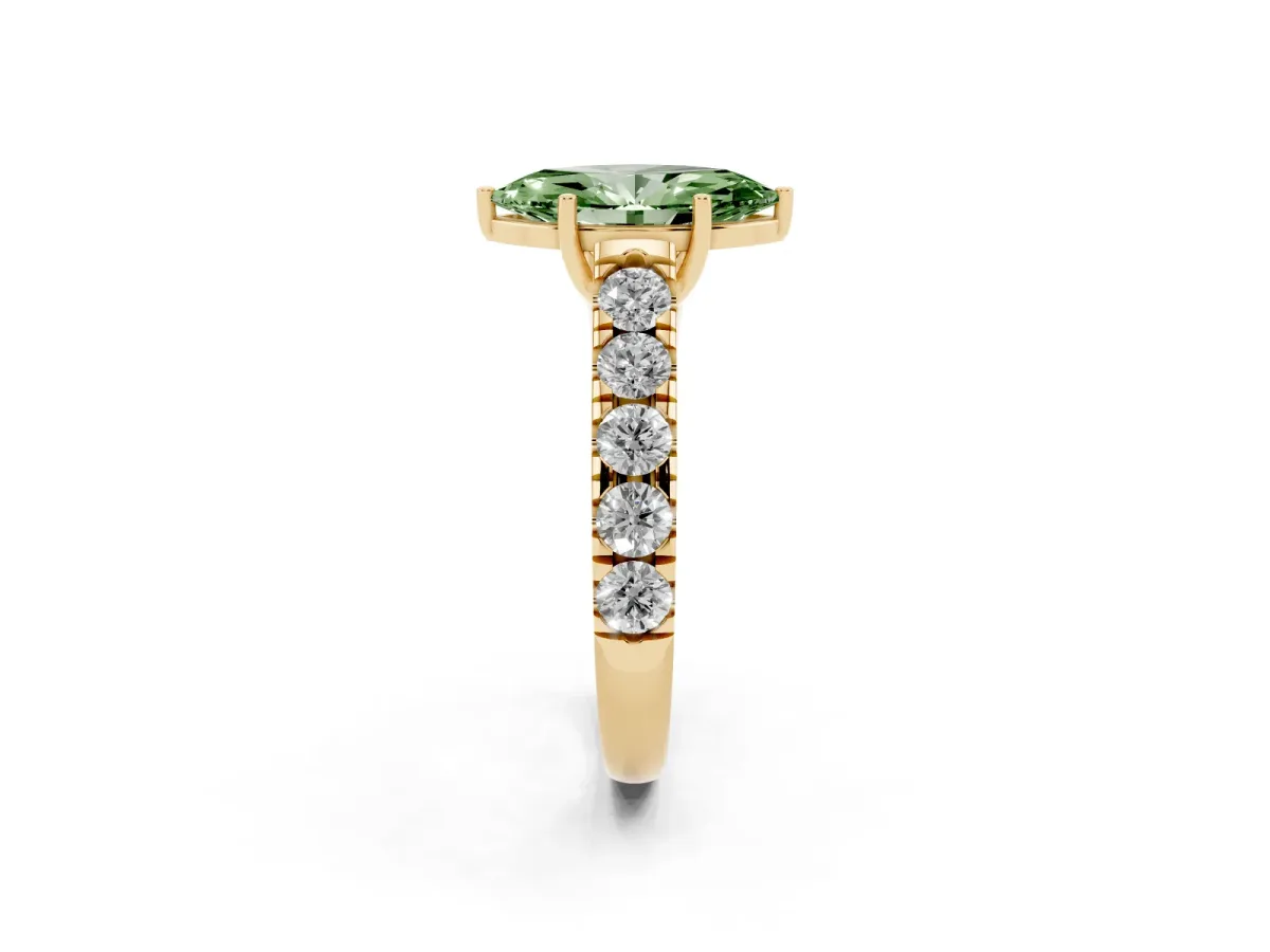 Fancy Green Marquise Cut Cut Diamond Solitaire Ring with Micro Pave Band and Prong Setting Yellow gold