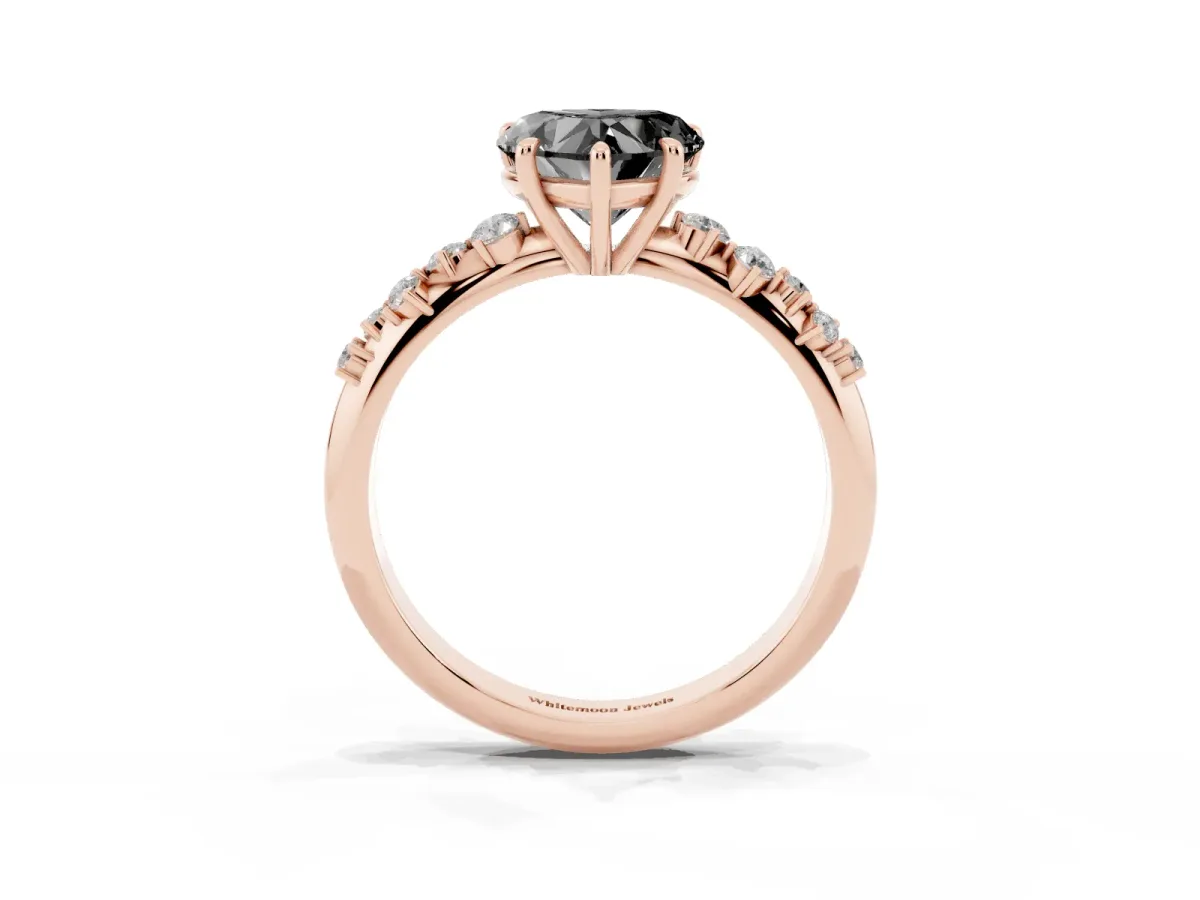 Fancy Black Heart Cut Diamond Cluster Side Stone Solitaire Ring with Prong Setting Rose gold