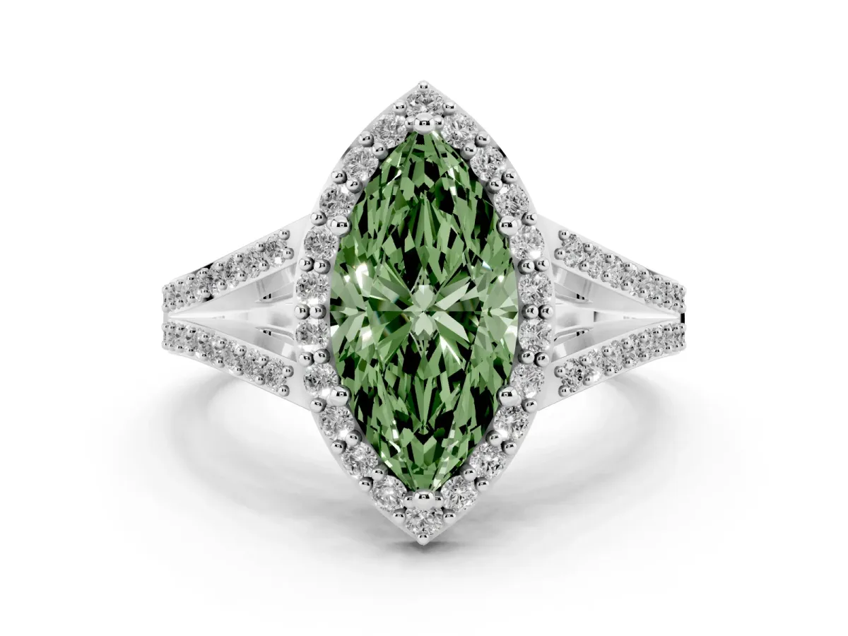 Fancy Green Marquise Cut Halo Split Shank Diamond Ring with Prong Setting Silver
