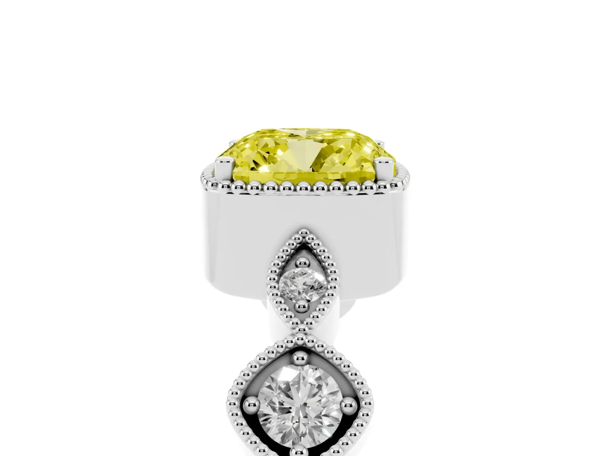 Fancy Yellow Cushion Cut Diamond Vintage Milgrain Ring with Round Stations Silver