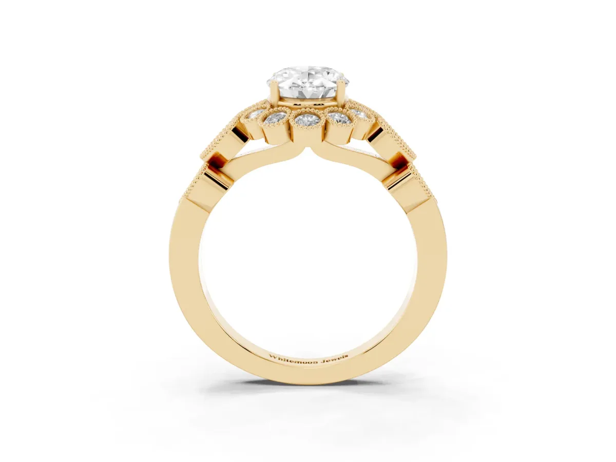 Oval Cut Brilliant Milgrain Pave Heart Band Solitaire Ring Yellow gold