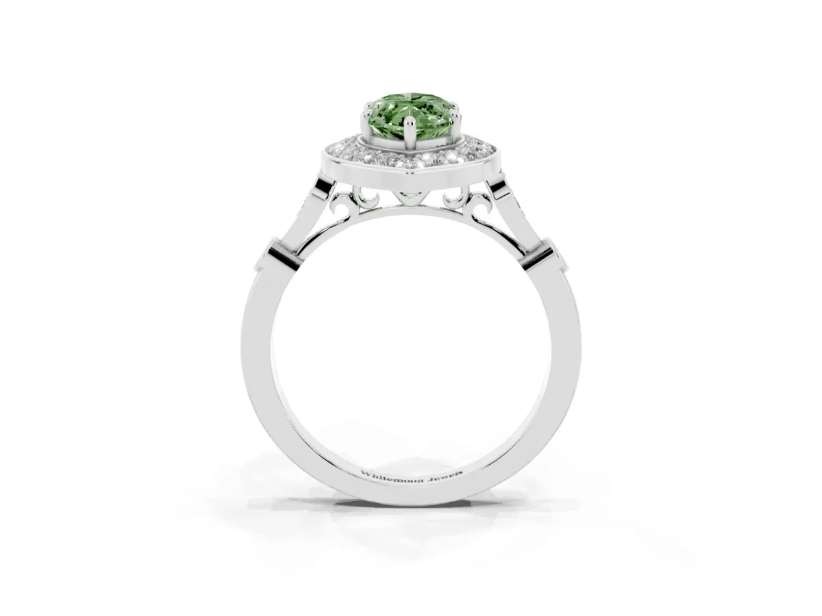 Fancy Green Marquise Cut Halo Diamond Engagement Ring with Twisted Band and Four-Prong Setting Platinum