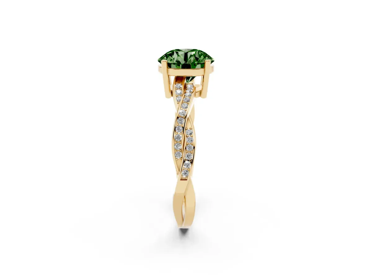 Fancy Green Round Cut Solitaire Twisted Pave Diamond Ring with Four-Prong Setting Yellow gold