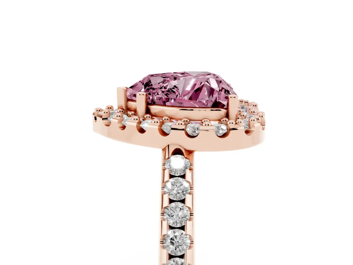 Fancy Pink Heart Cut Diamond Pavé Halo Ring with Four-Prong Setting Rose gold