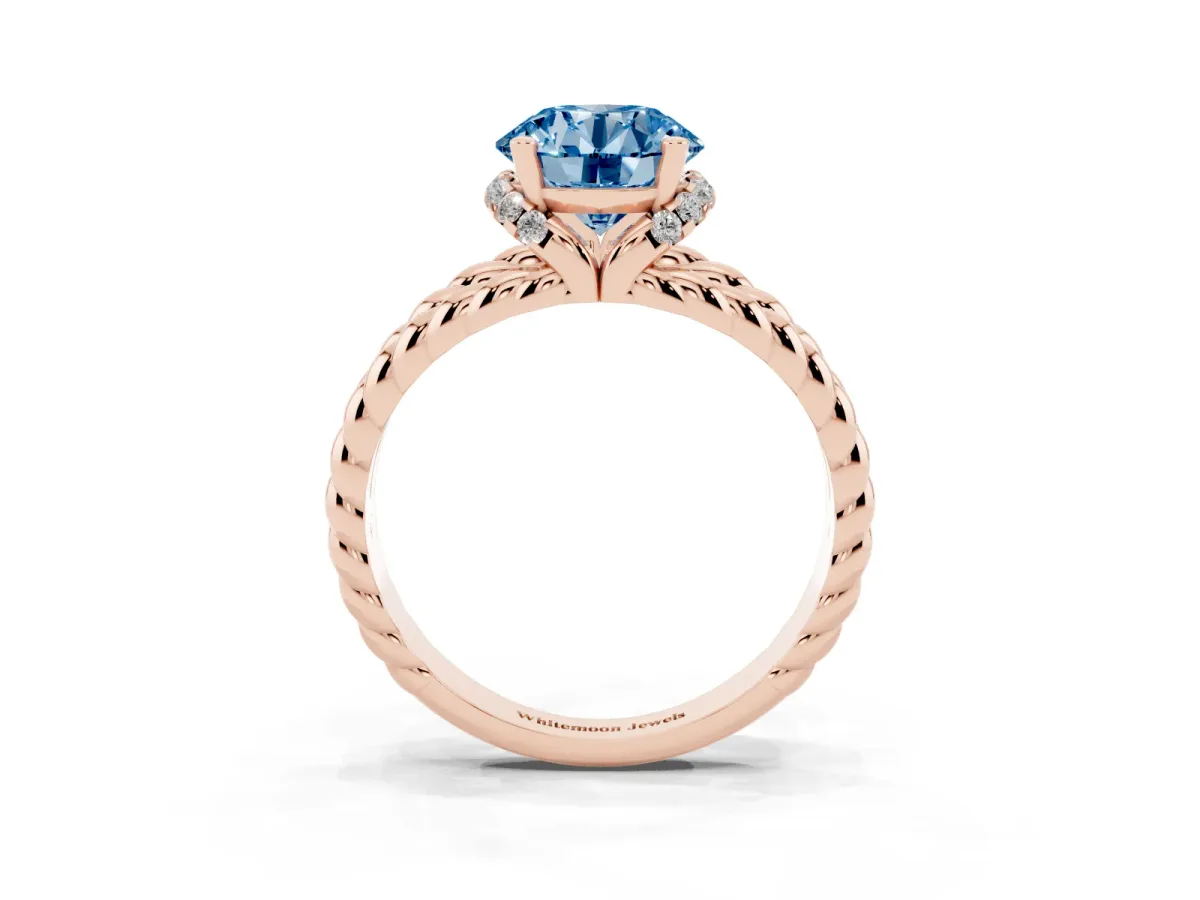 Fancy Blue Round Cut Halo Twisted Band Four-Prong Ring Rose gold