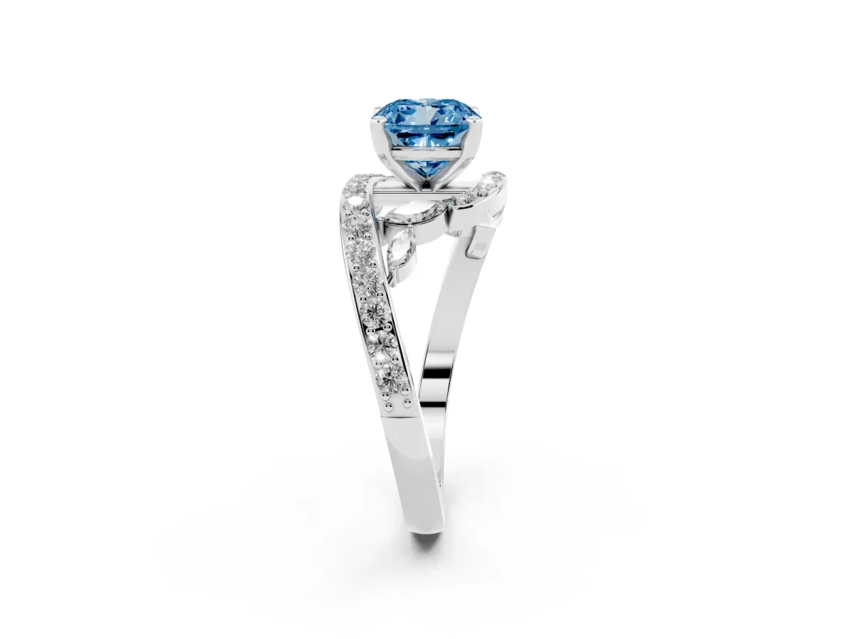 Fancy Blue Cushion Cut Diamond Solitaire Ring with Filigree Band and Four-Prong Setting Silver