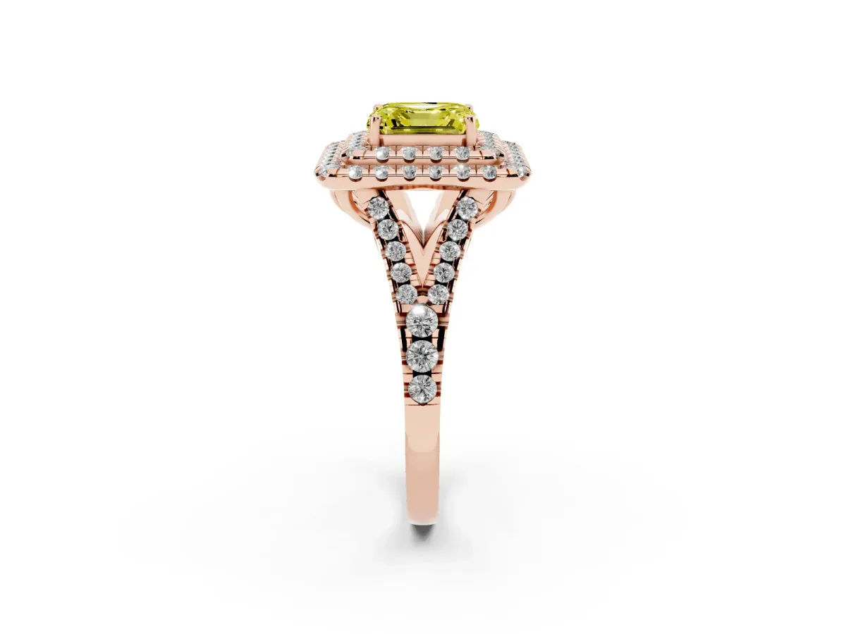 Fancy Yellow Double Halo Asscher Cut Diamond Pavé Split Shank Ring with Prong Setting Rose gold