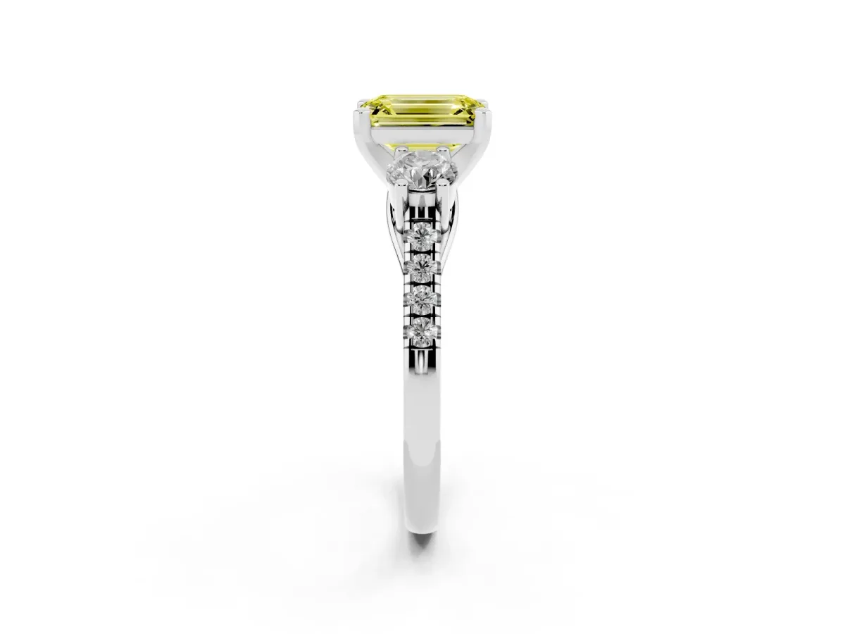 Fancy Yellow Three-Stone Emerald Cut Diamond Pavé Band with Four-Prong Setting Silver