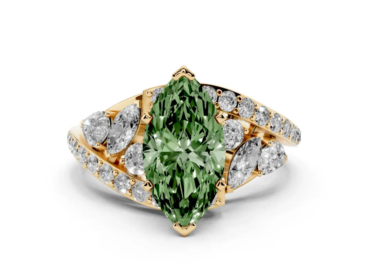 Fancy Green Marquise Cut Diamond Halo Ring with Marquise and Pavé Band in Prong Setting Yellow gold