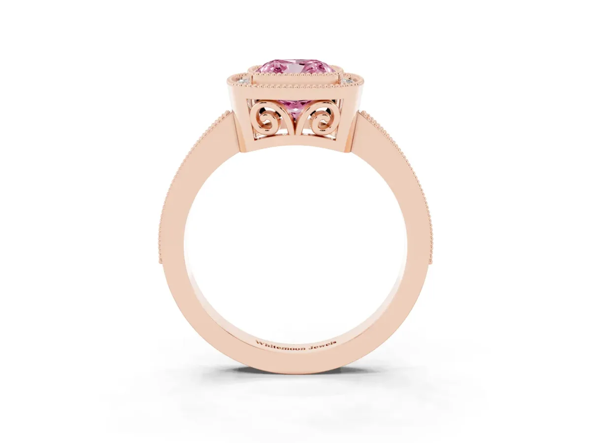 Fancy Pink Cushion Cut Cut Halo Diamond Ring with Pavé Band and Milgrain Prong Setting Rose gold