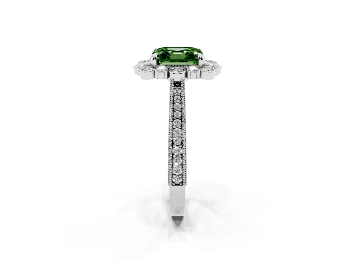 Fancy Green Asscher Cut Halo Milgrain Pave Diamond Ring with Four-Prong Setting Silver
