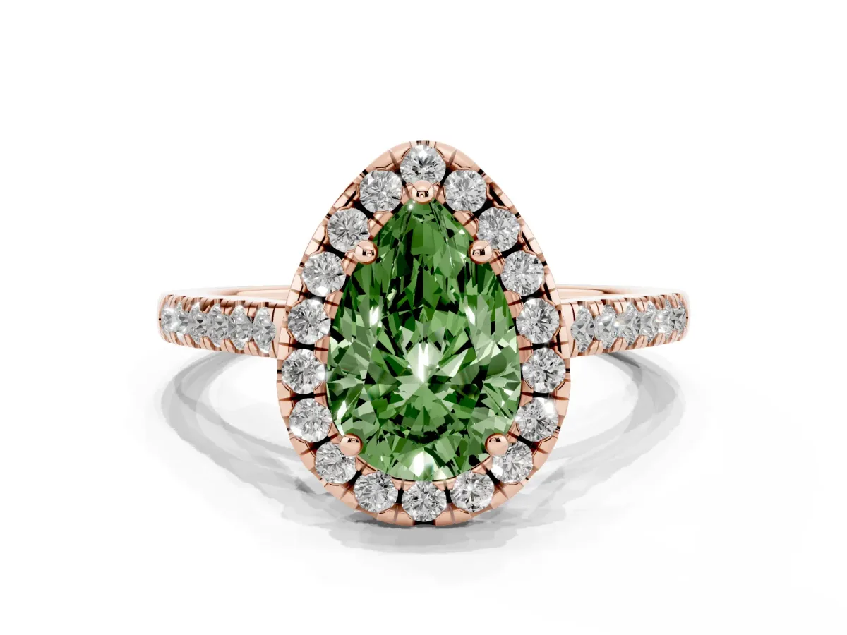 Fancy Green Pear Cut Halo Pavé Diamond Engagement Ring with Four-Prong Setting Rose gold