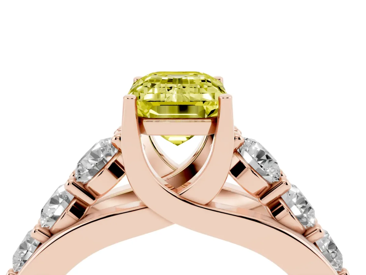 Fancy Yellow Emerald Cut Diamond Engagement Ring with Pavé Band and Four-Prong Setting Rose gold