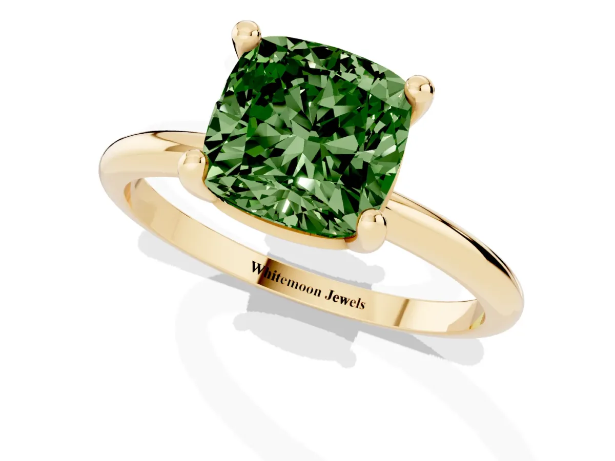 Fancy Green Cushion Cut Solitaire Diamond Ring with 4-Prong Setting on a Classic Band Yellow gold