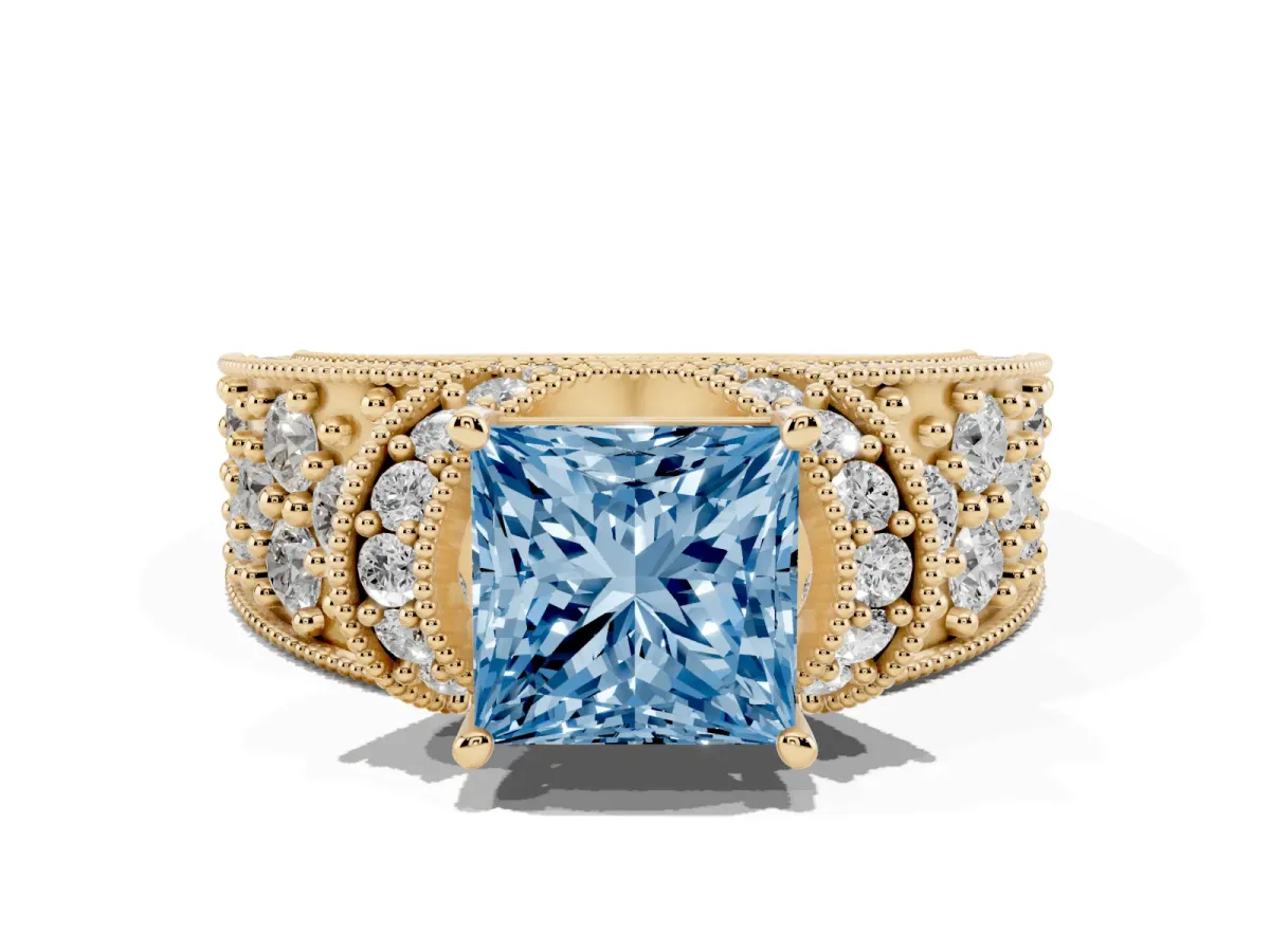 Fancy Blue Princess Cut Halo Pave Diamond Engagement Ring with Milgrain Detailing Yellow gold