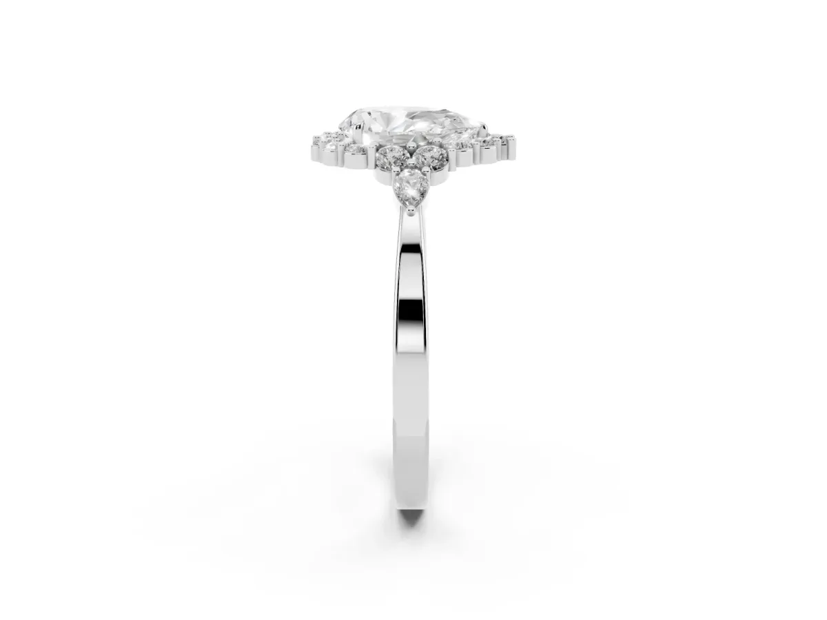Pear Cut Diamond Halo Ring with Pear Side Stones and Prong Setting Platinum