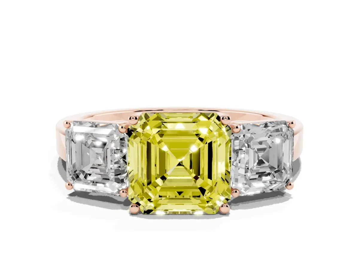 Fancy Yellow Three-Stone Asscher Cut Cut Diamond Engagement Ring with Flat Band and Four-Prong Setting Rose gold