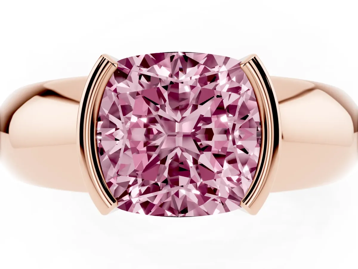 Fancy Pink Cushion Cut Solitaire Tension Set Diamond Ring with Wide Band Rose gold