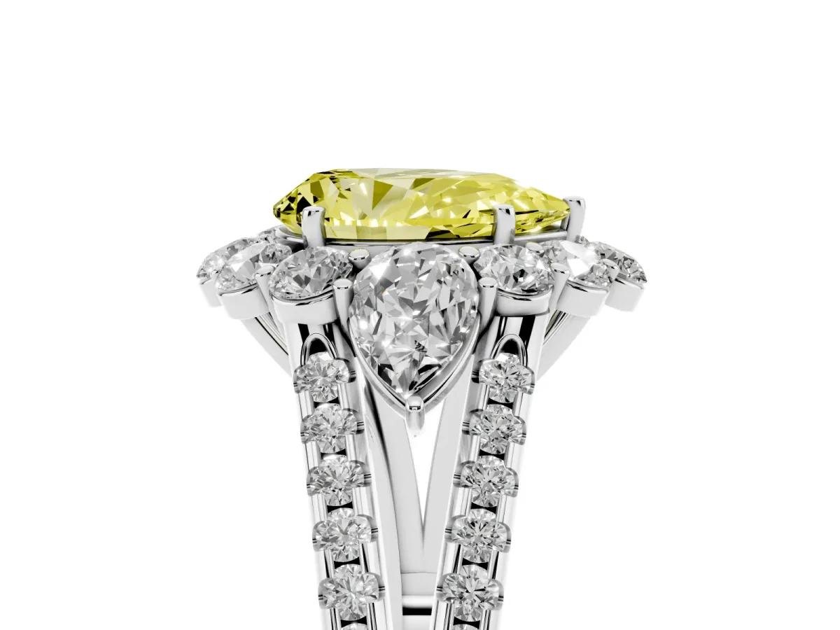 Fancy Yellow Pear Cut Halo Split Shank Diamond Engagement Ring with Prong Setting Platinum