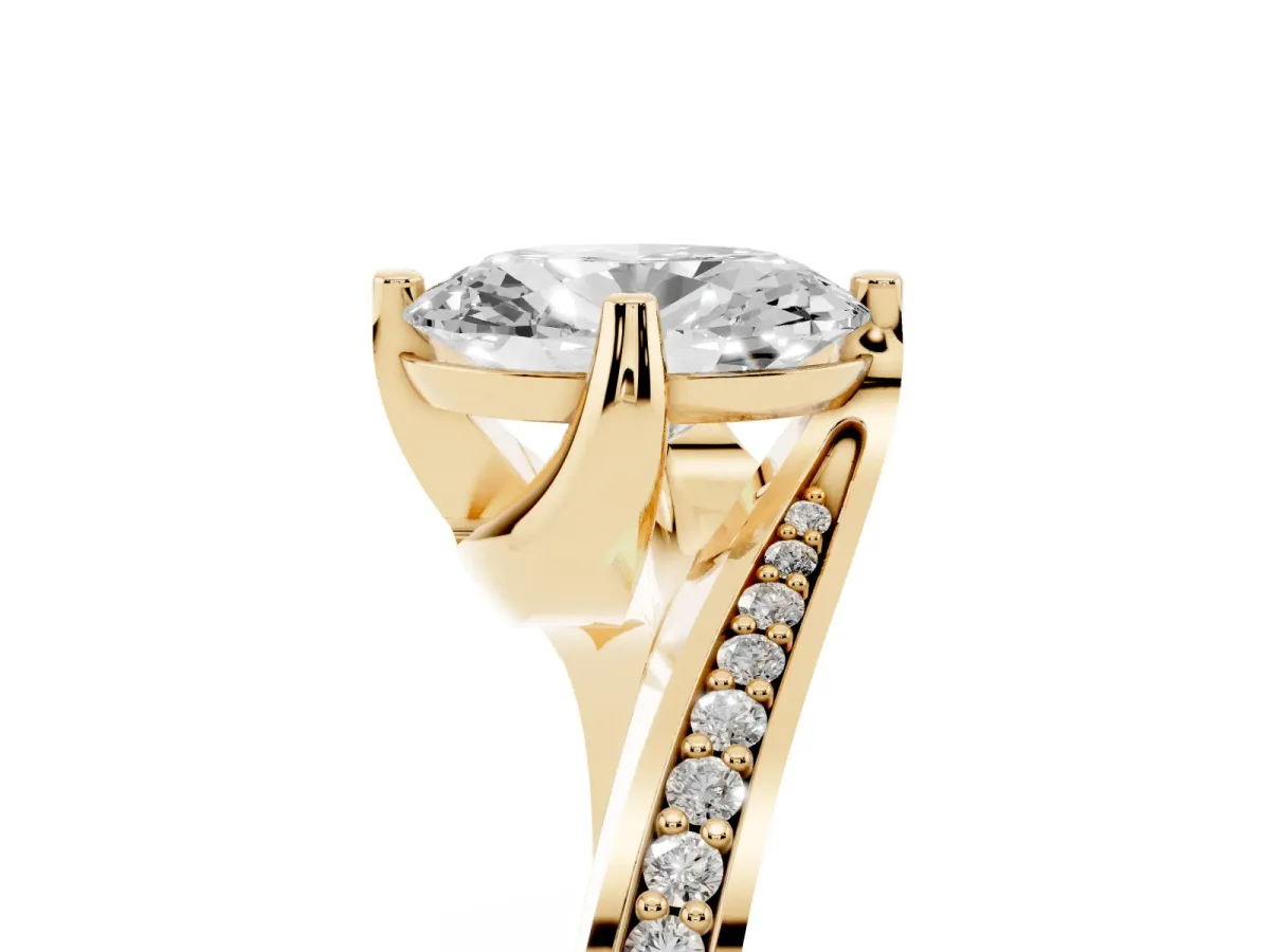 Oval Cut Solitaire Diamond Twist Band with Pavé Setting and Four-Prong Setting Yellow gold