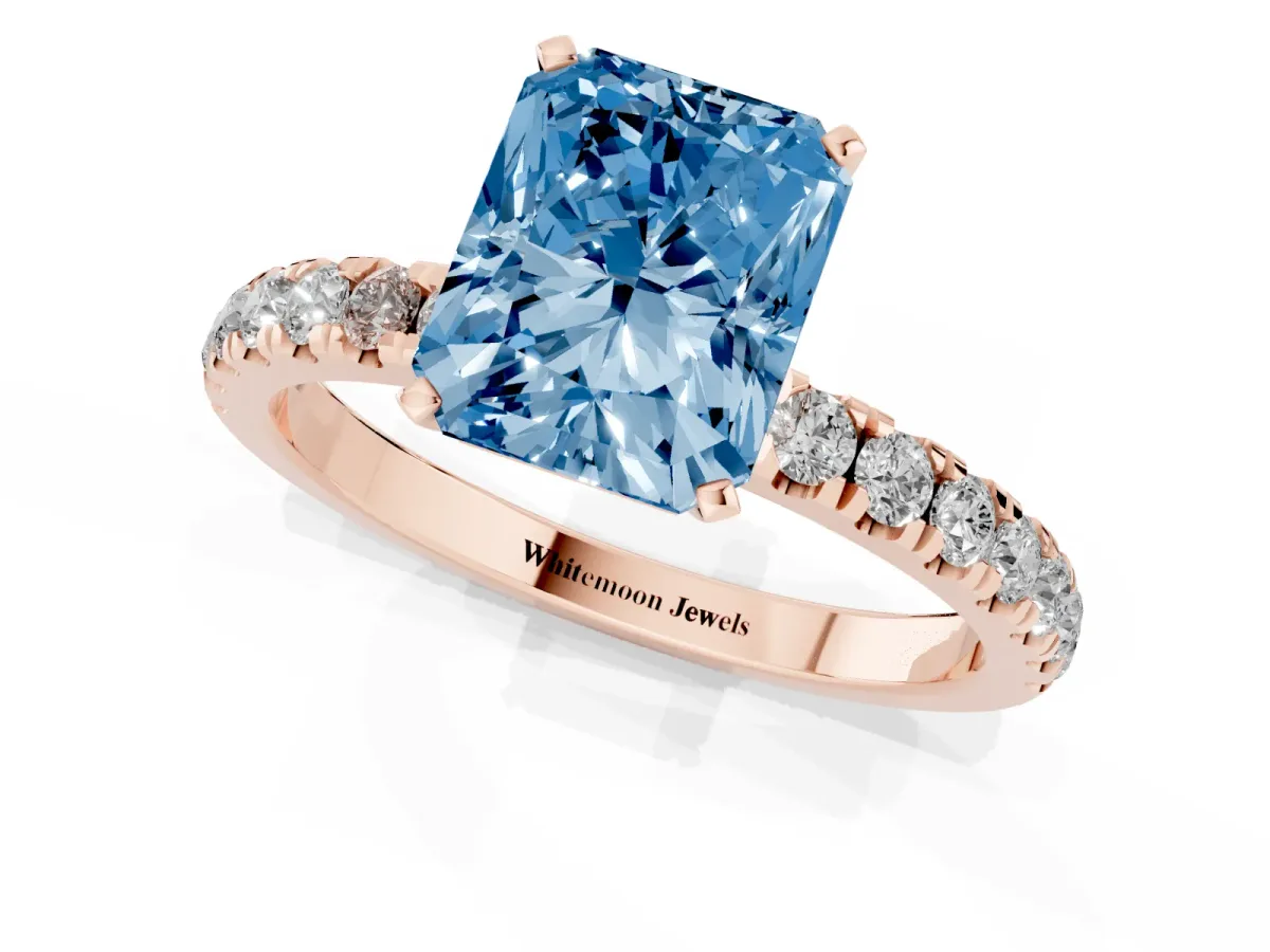 Fancy Blue Radiant Cut Diamond Solitaire Ring with Pavé Accents and Four-Prong Setting Rose gold