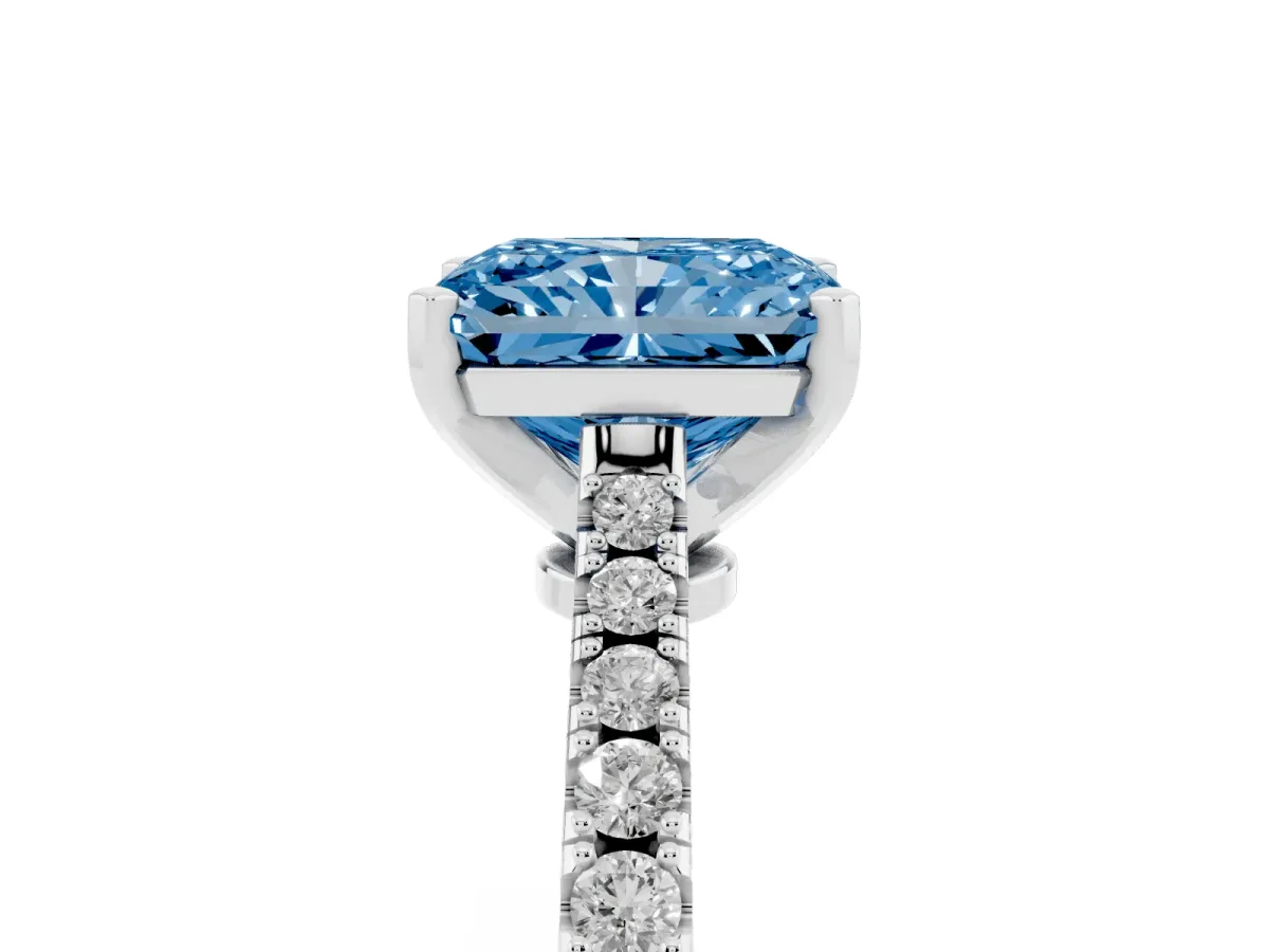 Fancy Blue Radiant Cut Cut Solitaire Diamond Engagement Ring with Pave Band and Four-Prong Setting White gold