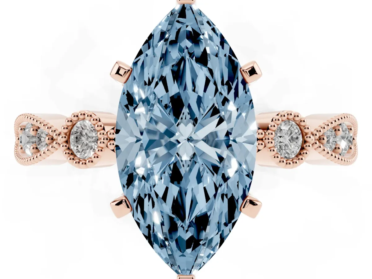 Fancy Blue Marquise Cut Milgrain Bezel Diamond Engagement Ring with Solitaire Prong Setting Rose gold
