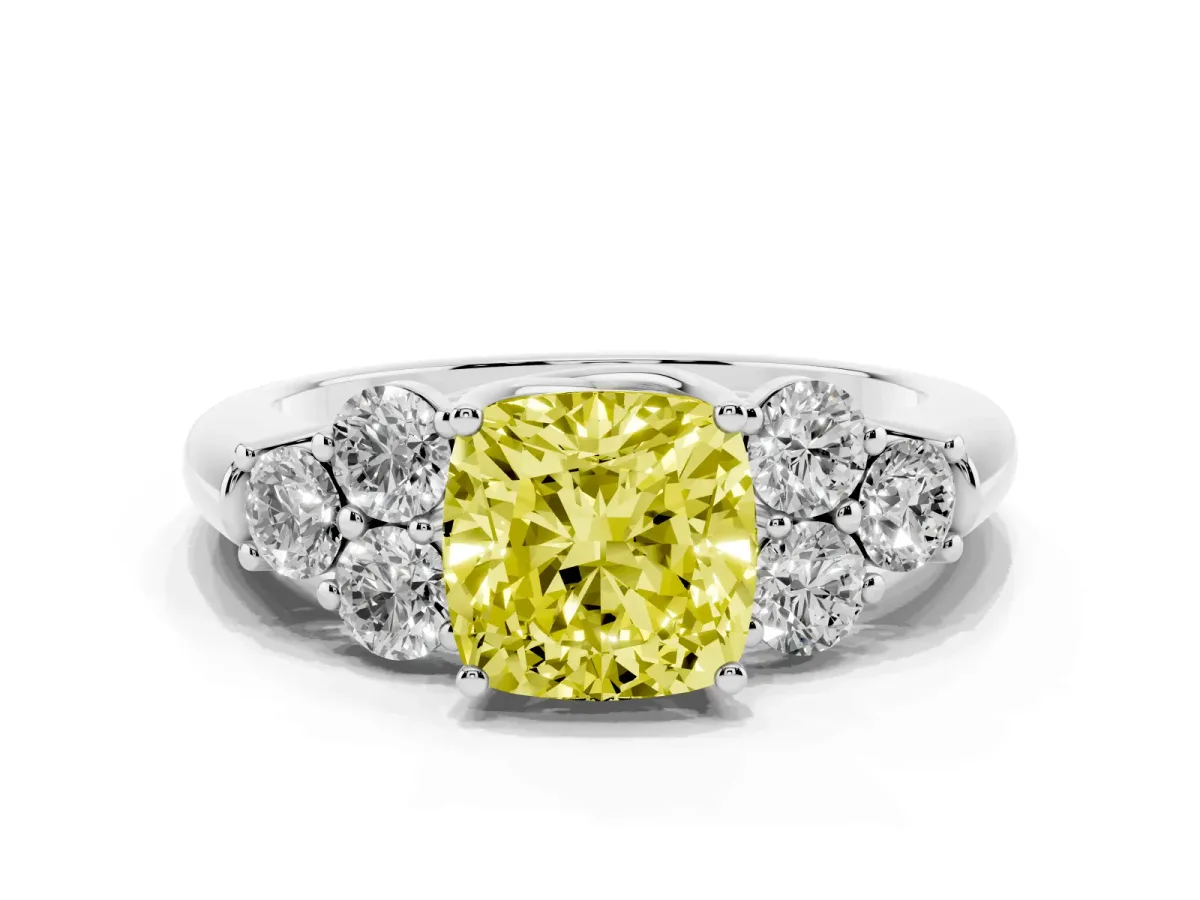 Fancy Yellow Cushion Cut Cut Diamond Cluster Ring with Round Accent Stones and Prong Setting on a Classic Band White gold