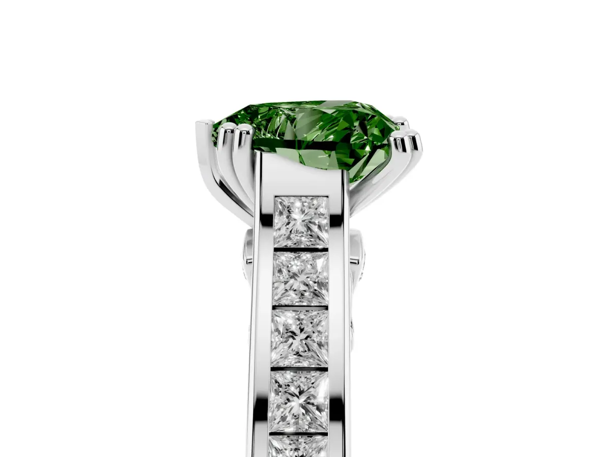 Fancy Green Heart Cut Cut Channel Set Solitaire Engagement Ring with Prong Setting Silver