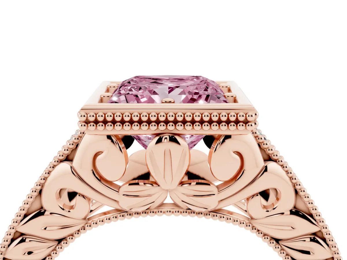 Fancy Pink Bezel Set Princess Cut Diamond Milgrain Pave Engagement Ring Rose gold