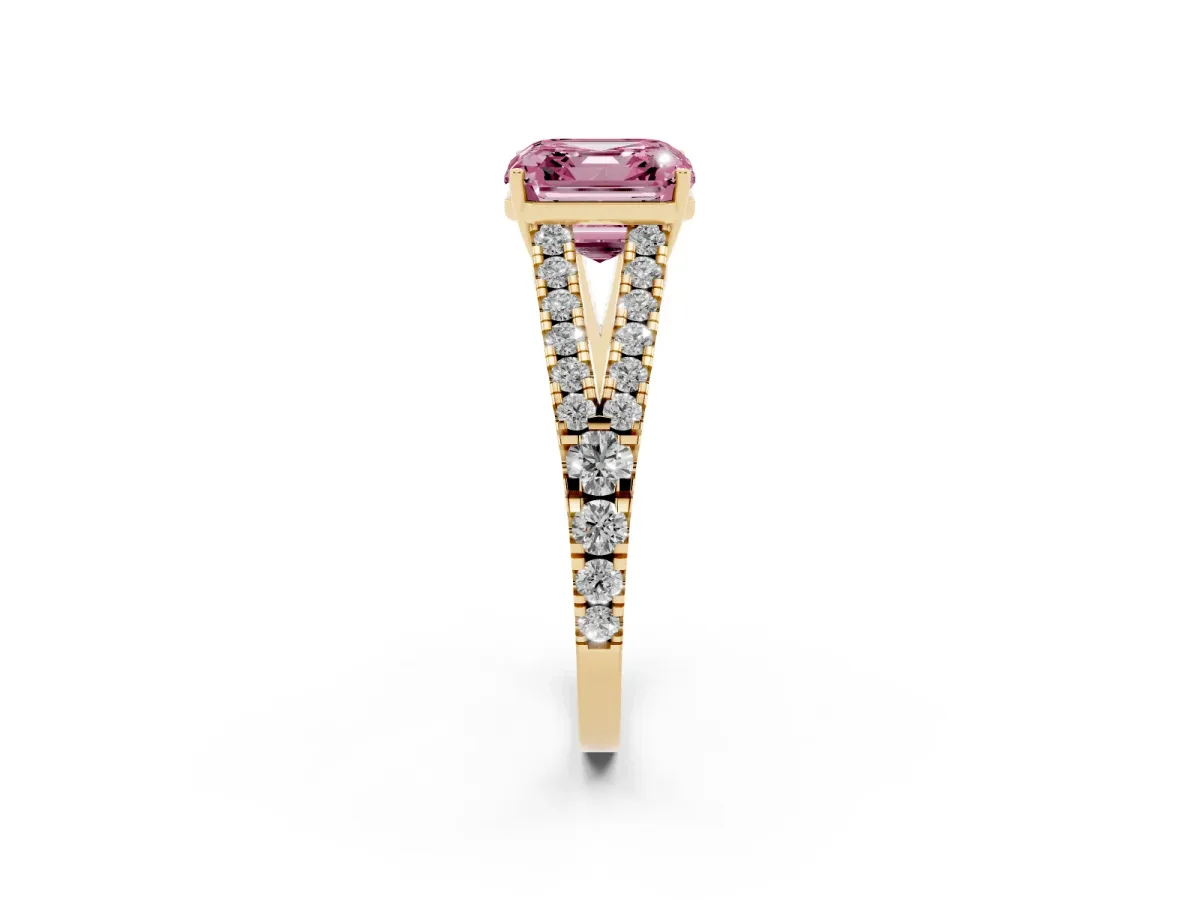 Fancy Pink Asscher Cut Diamond Split Shank Engagement Ring with Round Pavé and Prong Setting Yellow gold
