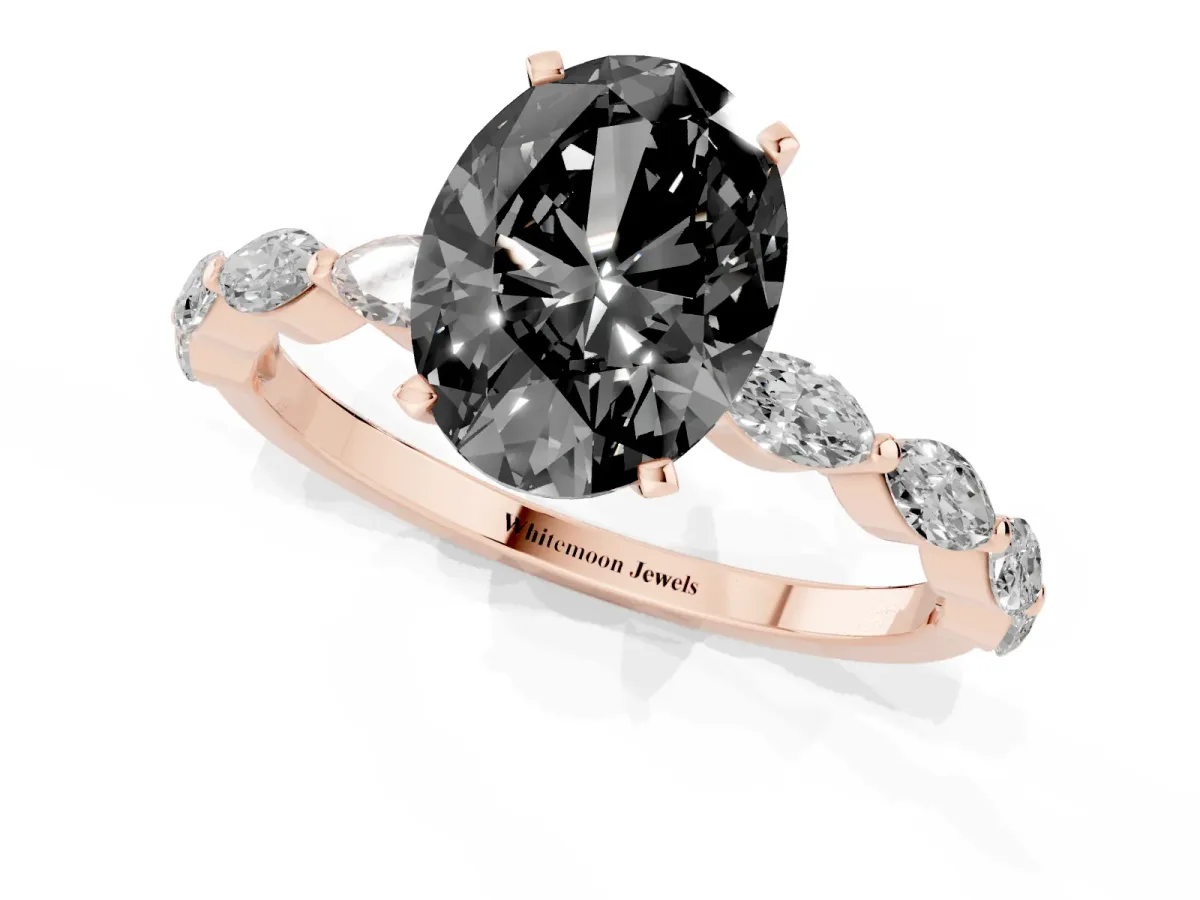 Fancy Black Oval Cut Diamond Ring with Marquise Side Stones and Prong Setting Rose gold