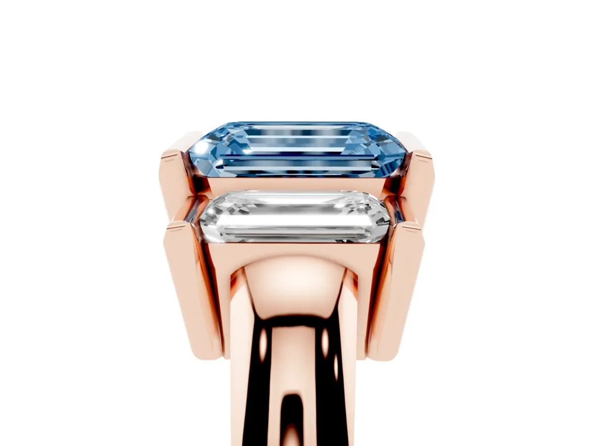 Fancy Blue Three Stone Emerald Cut Cut Channel Set Diamond Ring Rose gold