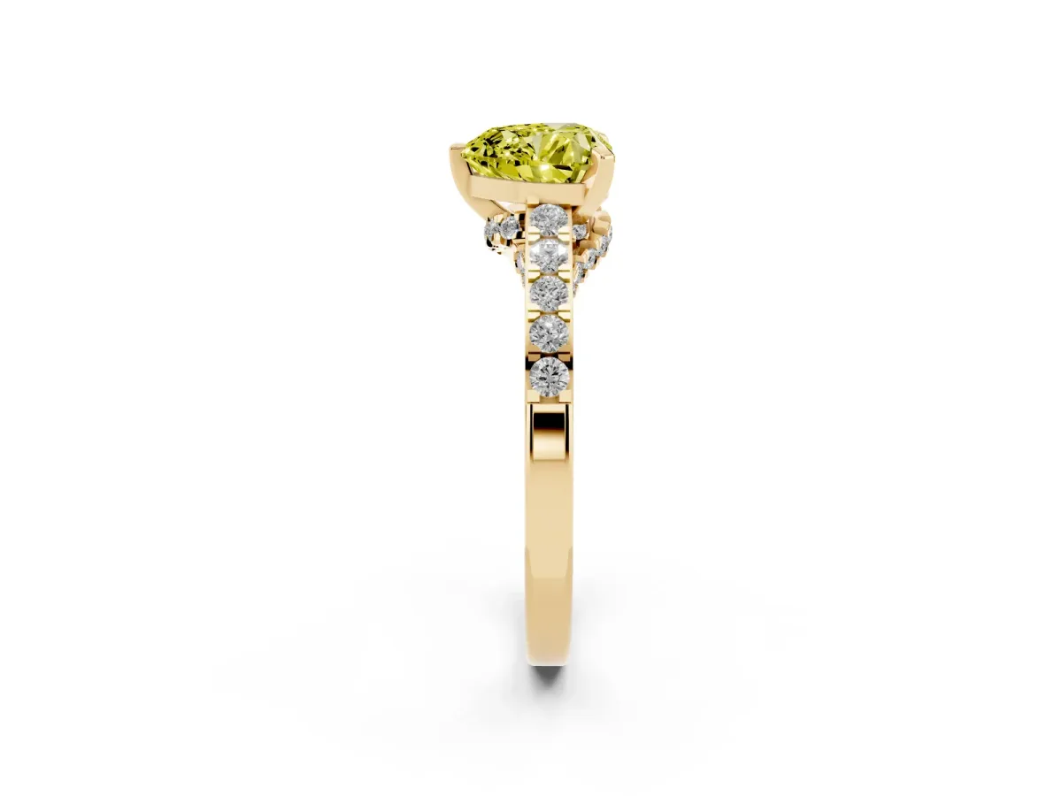 Fancy Yellow Heart Cut Diamond Solitaire Ring with Crossover Gallery and Round Pavé Band Yellow gold