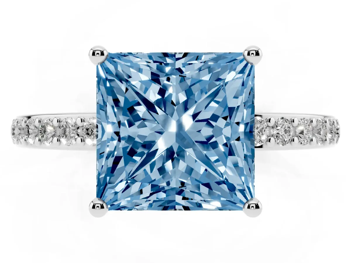 Fancy Blue Princess Cut Cut Diamond Pavé Band Ring with Four-Prong Setting Platinum