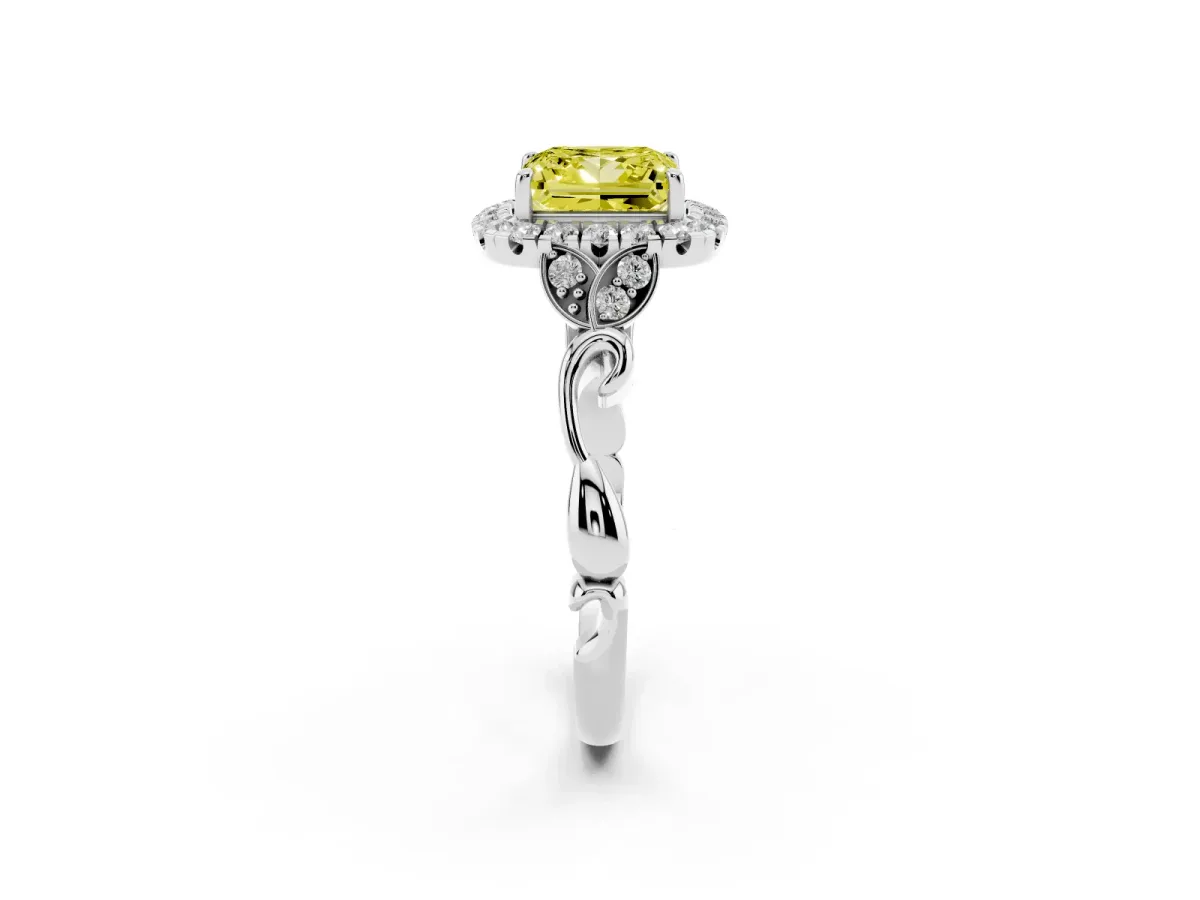 Fancy Yellow Princess Cut Halo Diamond Engagement Ring with Vintage-Inspired Band and Four-Prong Setting White gold