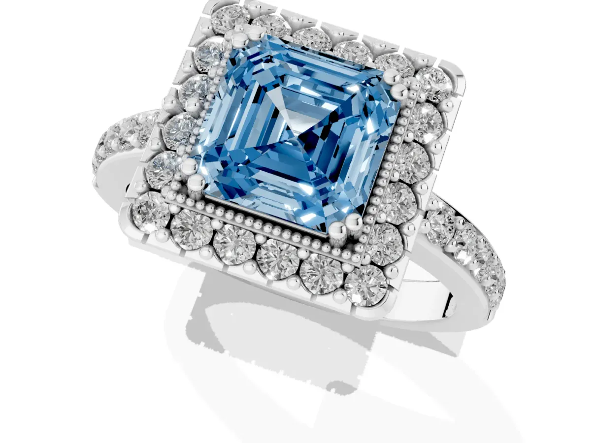 Fancy Blue Asscher Cut Diamond Halo Ring with Pavé Band and Prong Setting Silver