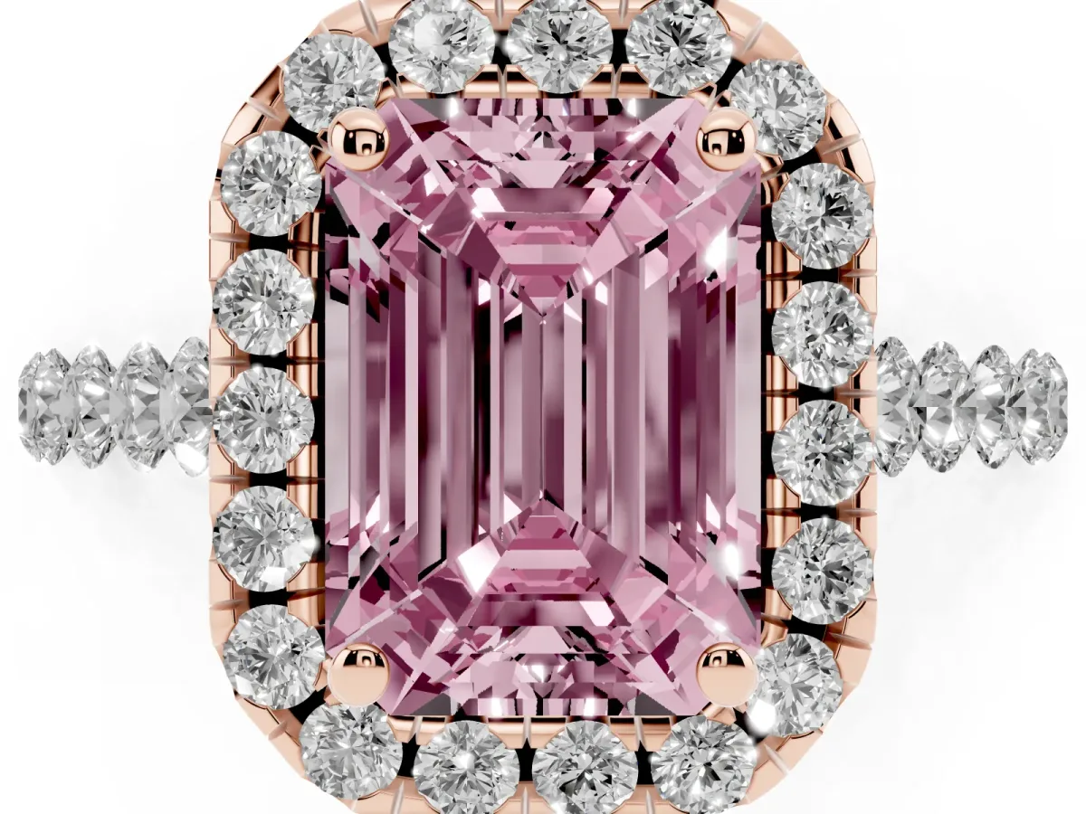 Fancy Pink Emerald Cut Halo Pavé Diamond Engagement Ring with Four-Prong Setting Rose gold